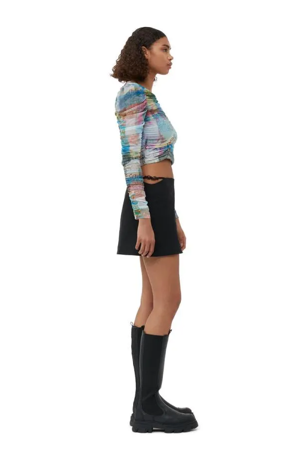 Clothing GANNI Tops Printed Mesh Ruched Blouse Wild Orchid Clothing GANNI Tops Printed Mesh Ruched Blouse Wild Orchid