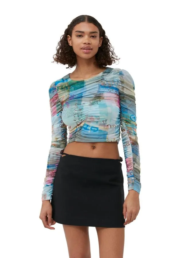 Clothing GANNI Tops Printed Mesh Ruched Blouse Wild Orchid Clothing GANNI Tops Printed Mesh Ruched Blouse Wild Orchid