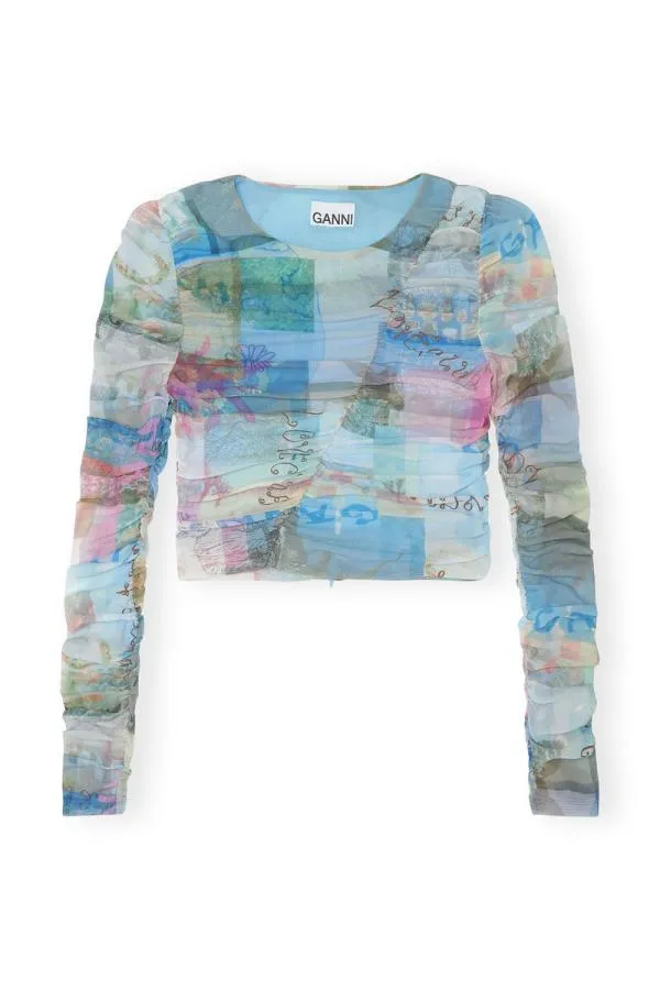 Clothing GANNI Tops Printed Mesh Ruched Blouse Wild Orchid Clothing GANNI Tops Printed Mesh Ruched Blouse Wild Orchid