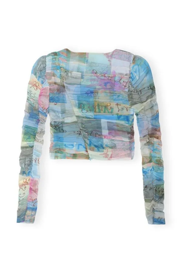 Clothing GANNI Tops Printed Mesh Ruched Blouse Wild Orchid Clothing GANNI Tops Printed Mesh Ruched Blouse Wild Orchid