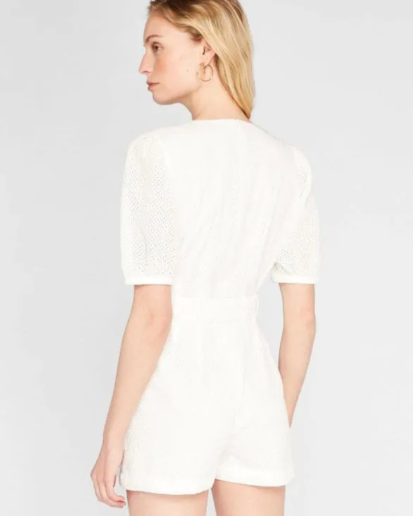 Club Monaco Dresses and Jumpsuits Belted Puff Sleeve Eyelet Romper White 8211 Women