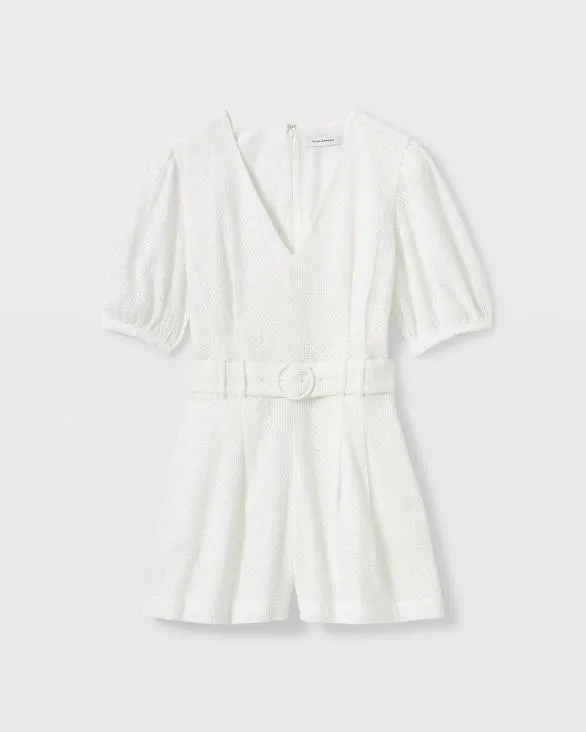 Club Monaco Dresses and Jumpsuits Belted Puff Sleeve Eyelet Romper White 8211 Women