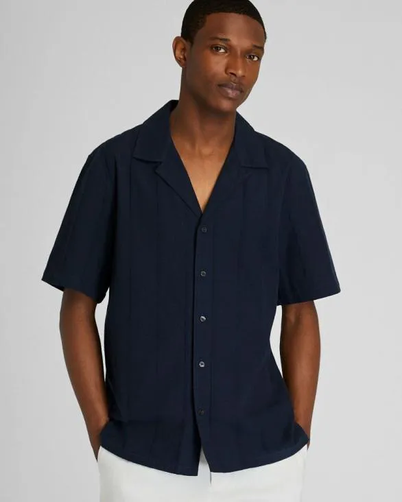 Club Monaco Shirts Textured Short Sleeve Camp Collar Shirt Navy 8211 Men