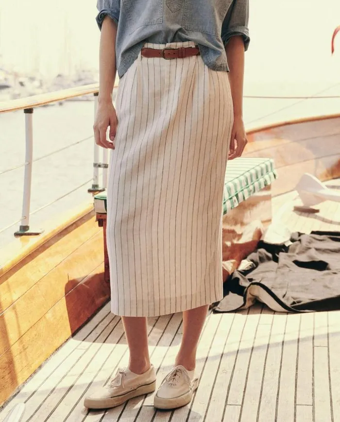 Collection The Great The Pleated Column Skirt Cream Pinstripe
