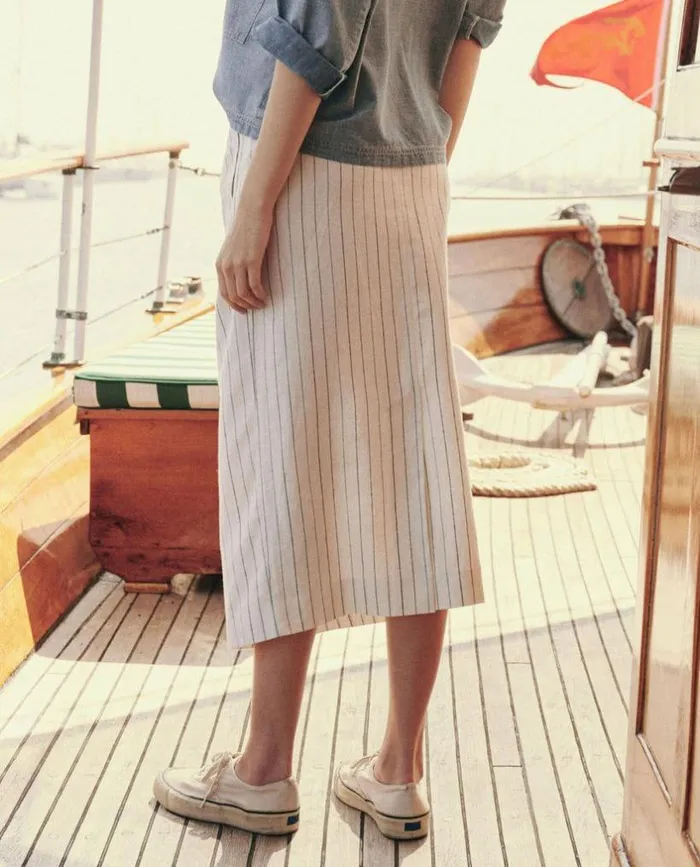 Collection The Great The Pleated Column Skirt Cream Pinstripe