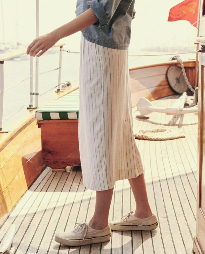 Collection The Great The Pleated Column Skirt Cream Pinstripe