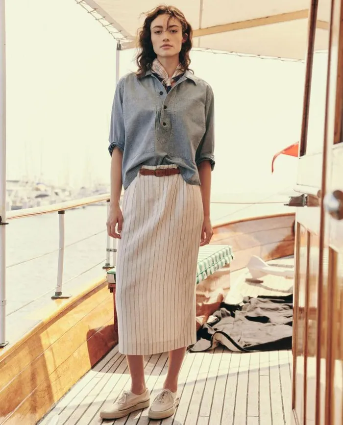 Collection The Great The Pleated Column Skirt Cream Pinstripe