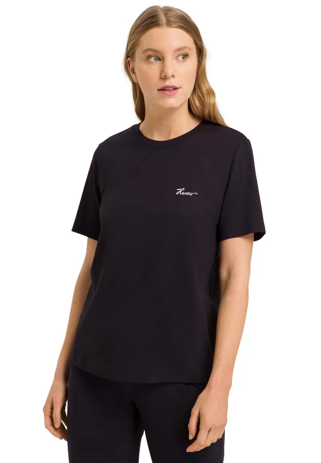 Cotton Embroidered Logo TShirt Black Women HANRO Pajama Tops