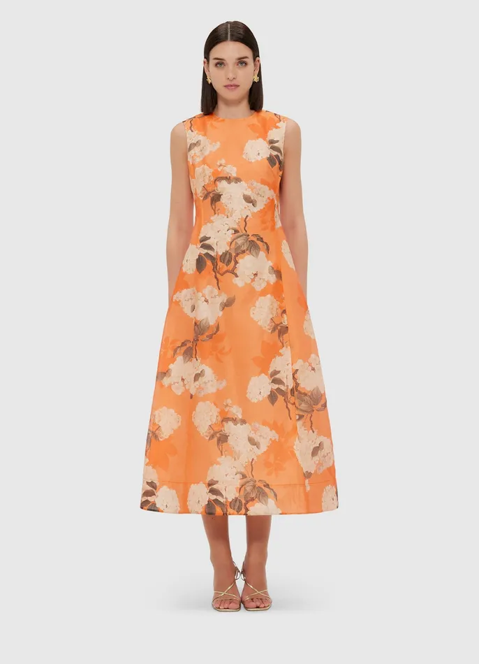 Dresses and Jumpsuits LEO LIN Women Cleo Sleeveless Midi Dress 8211 Hydrangea Print in Tangerine