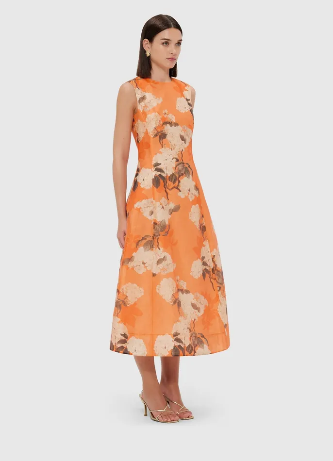 Dresses and Jumpsuits LEO LIN Women Cleo Sleeveless Midi Dress 8211 Hydrangea Print in Tangerine