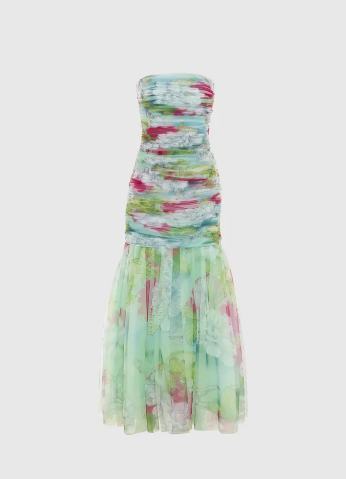 Dresses and Jumpsuits Women Natalie Ruched Midi Dress 8211 Swallow Print in Tranquility LEO LIN