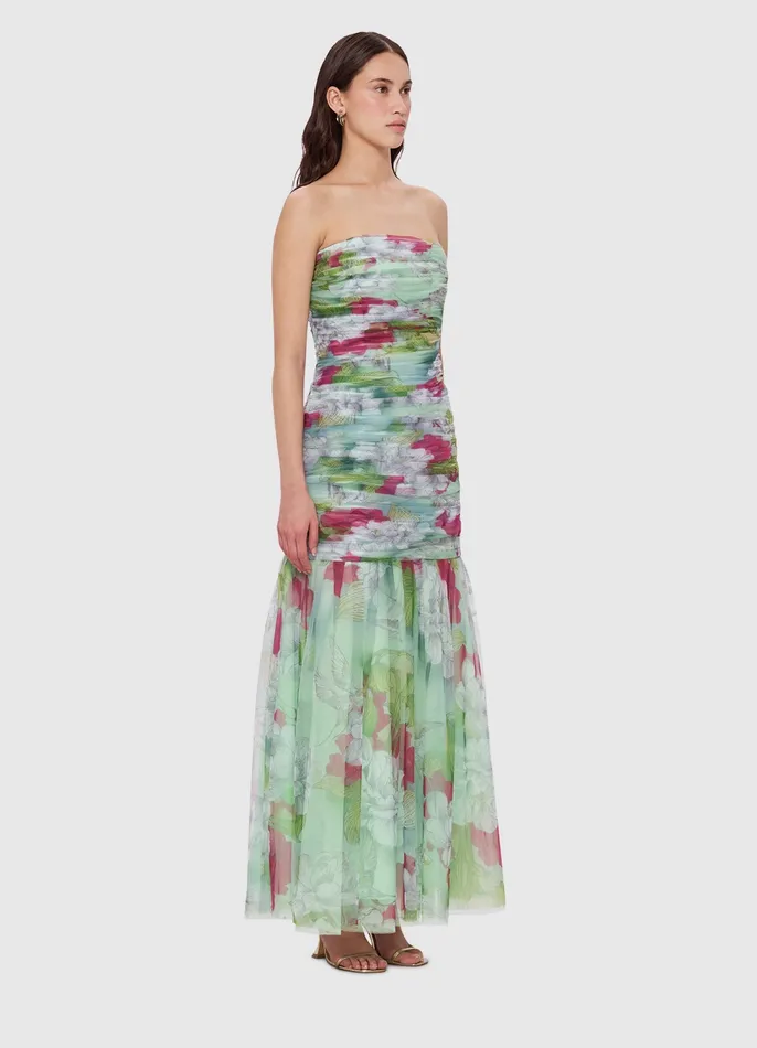 Dresses and Jumpsuits Women Natalie Ruched Midi Dress 8211 Swallow Print in Tranquility LEO LIN