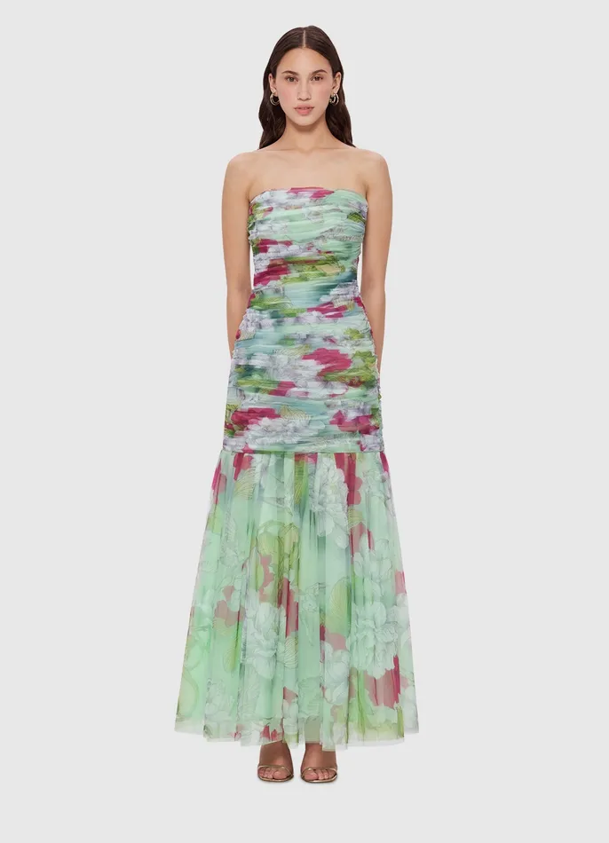 Dresses and Jumpsuits Women Natalie Ruched Midi Dress 8211 Swallow Print in Tranquility LEO LIN