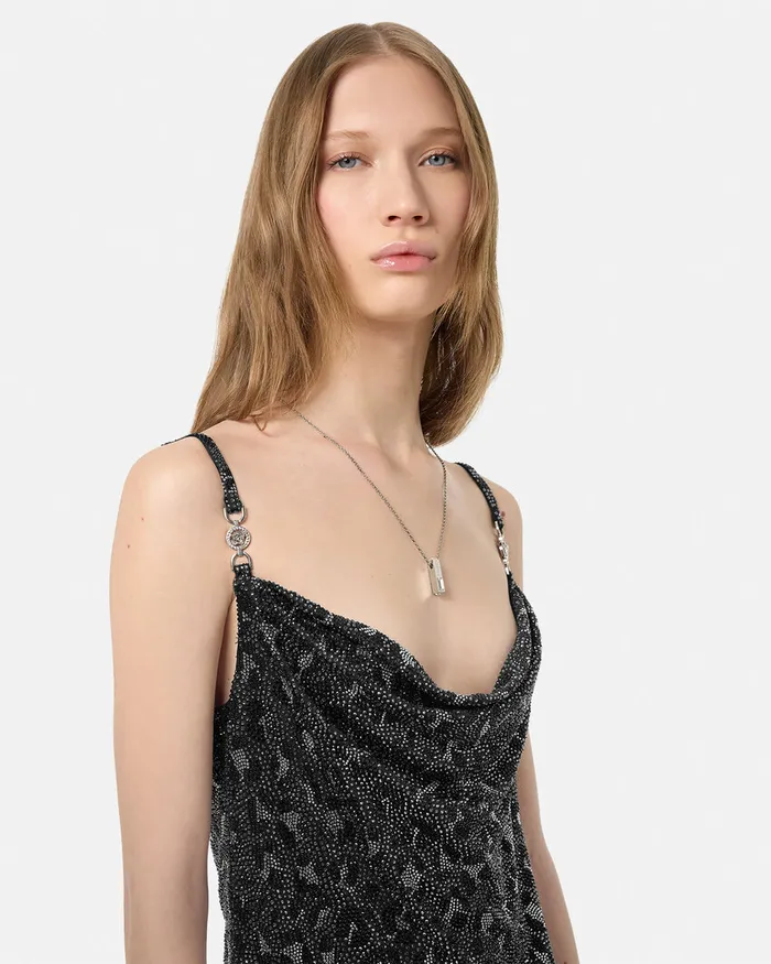 Dresses Women Versace Crystal Leopard Slip Mini Dress Black