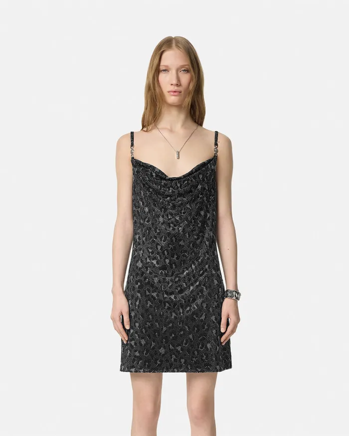 Dresses Women Versace Crystal Leopard Slip Mini Dress Black