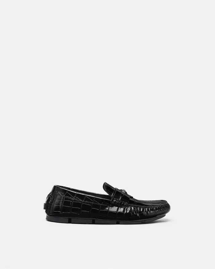 Drivers Men Versace Medusa CrocEffect Leather Driver Shoes Black