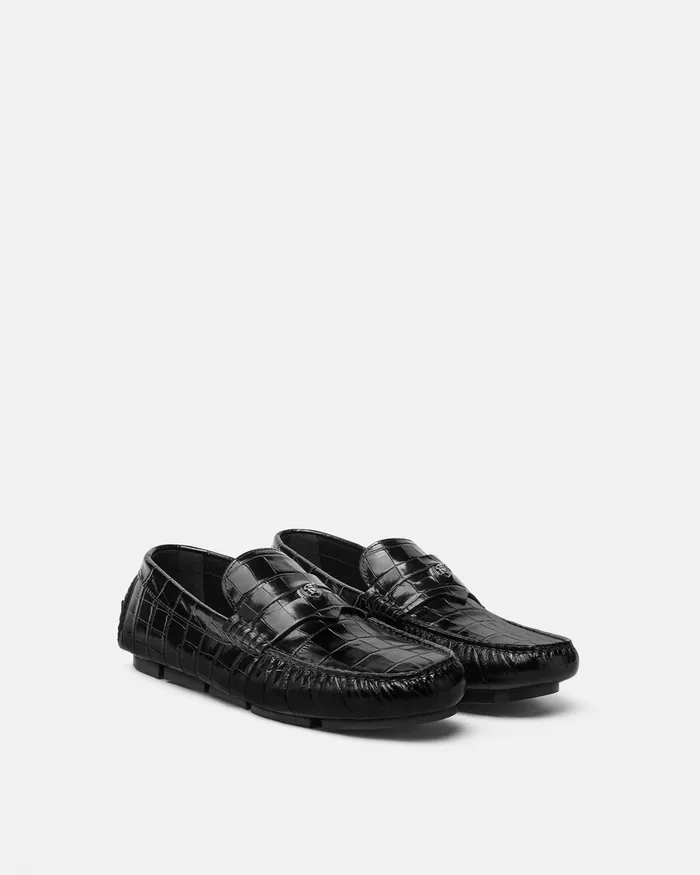 Drivers Men Versace Medusa CrocEffect Leather Driver Shoes Black