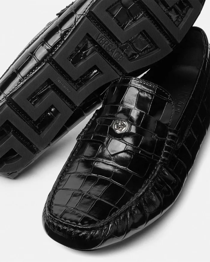 Drivers Men Versace Medusa CrocEffect Leather Driver Shoes Black