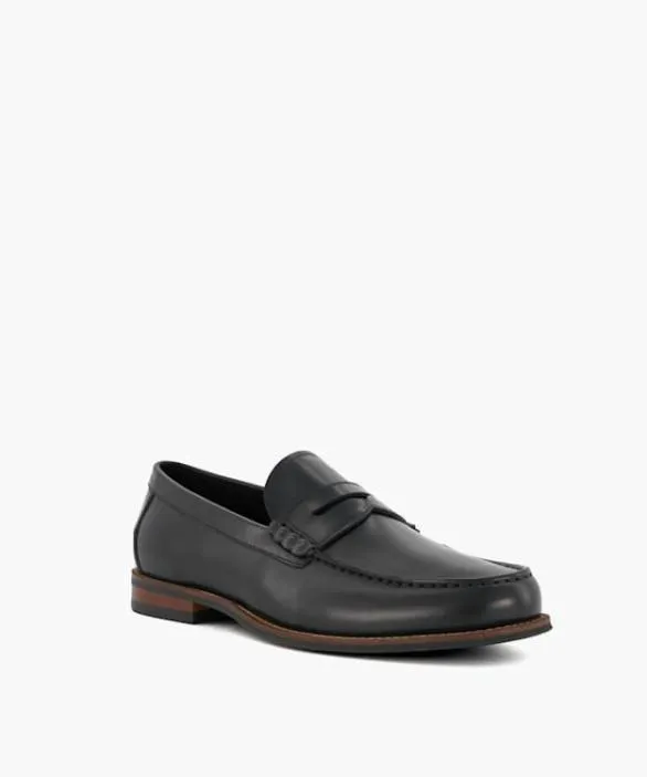 Dune London Black Shoes Men Samson Black Leather PennyTrim Loafers Black
