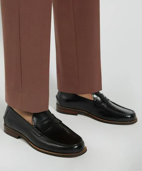 Dune London Black Shoes Men Samson Black Leather PennyTrim Loafers Black