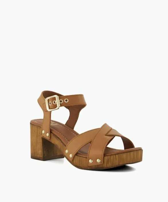 Dune London Block Heeled Sandals Women Judies Tan Leather Cross Strap Clog Heels Brown