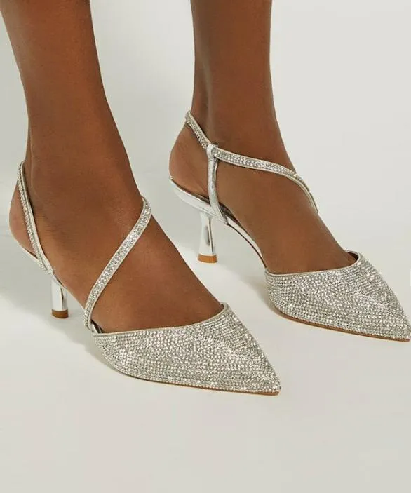 Dune London Court Shoes Women Competitive Silver Hotfix Kitten Heel Slingbacks Metallic