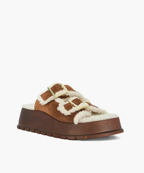 Dune London Flat Sandals Women Lazio Tan Faux Shearling Lined Suede Double Strap Sandals Brown