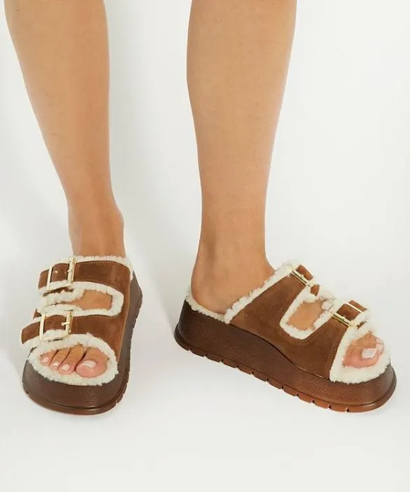 Dune London Flat Sandals Women Lazio Tan Faux Shearling Lined Suede Double Strap Sandals Brown
