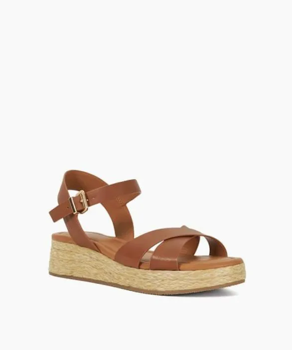 Dune London Flat Sandals Women Littleton Tan Leather Raffia Flatform Sandals Brown