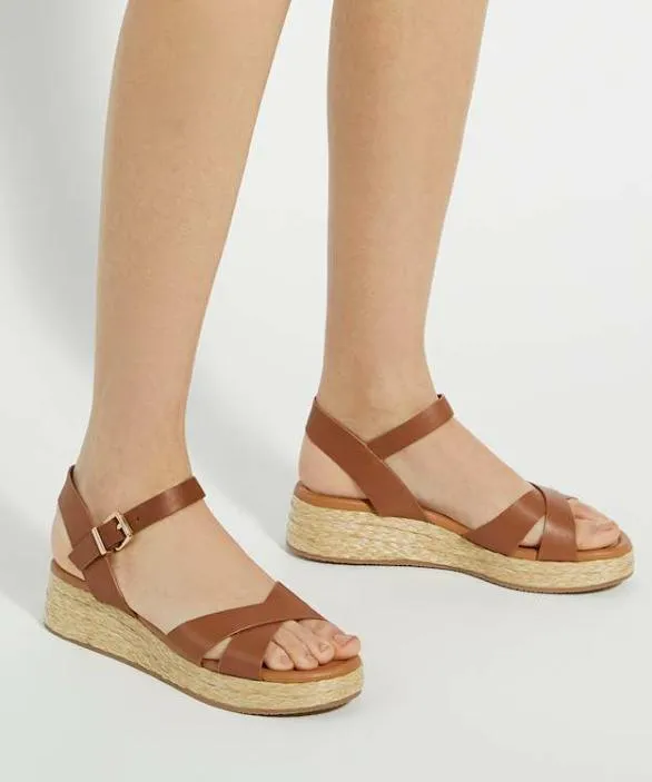 Dune London Flat Sandals Women Littleton Tan Leather Raffia Flatform Sandals Brown