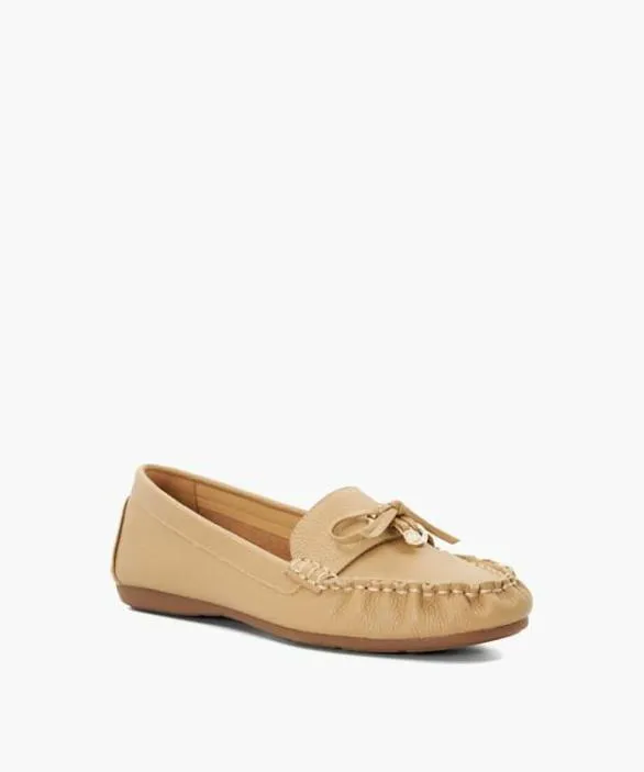 Dune London Loafers Women Grovers Camel Leather Moccasins With Bow Detail Neutral