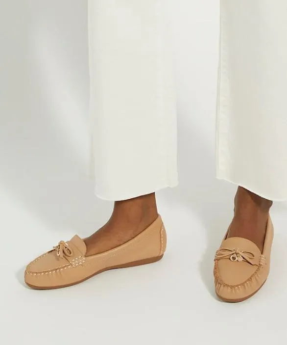 Dune London Loafers Women Grovers Camel Leather Moccasins With Bow Detail Neutral