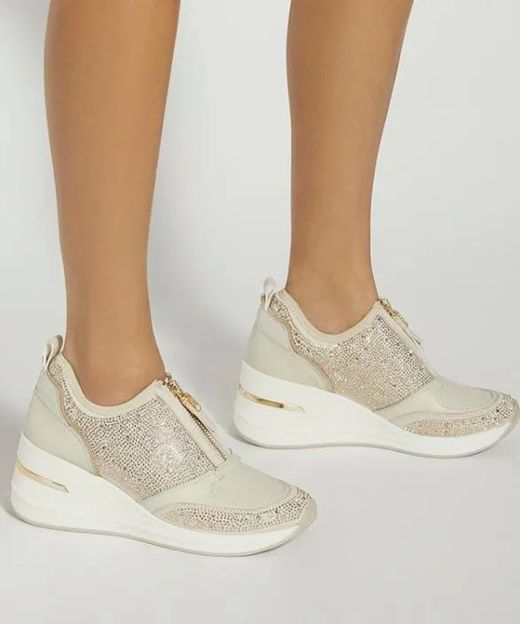 Dune London Trainers Women Elsha Ecru Embellished Wedge Heel Trainers Neutral