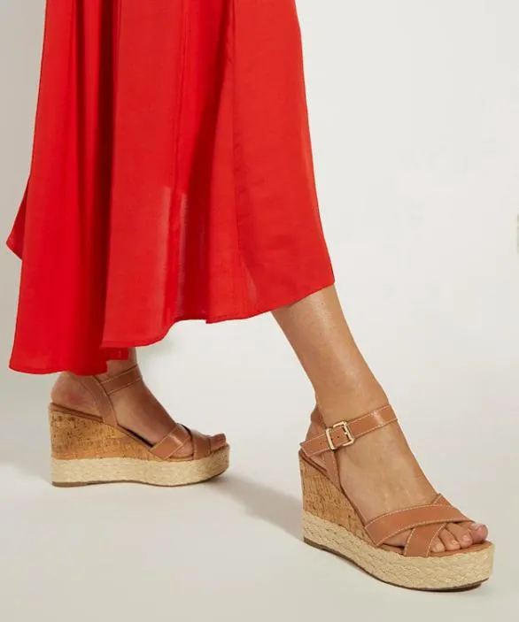 Dune London Wedge Sandals Women Kindest Tan Leather Cork And Woven Wedge Sandals Brown