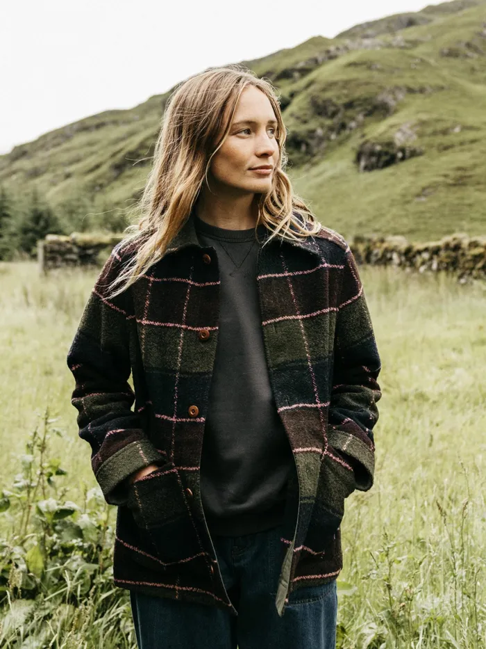 Finisterre Jackets and Coats Women Stowe Blanket Jacket Black Cherry Check