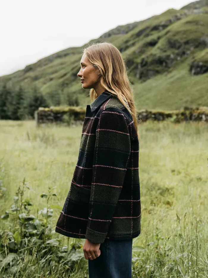 Finisterre Jackets and Coats Women Stowe Blanket Jacket Black Cherry Check