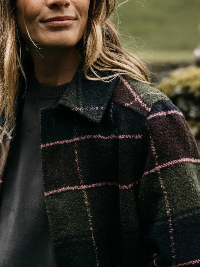 Finisterre Jackets and Coats Women Stowe Blanket Jacket Black Cherry Check