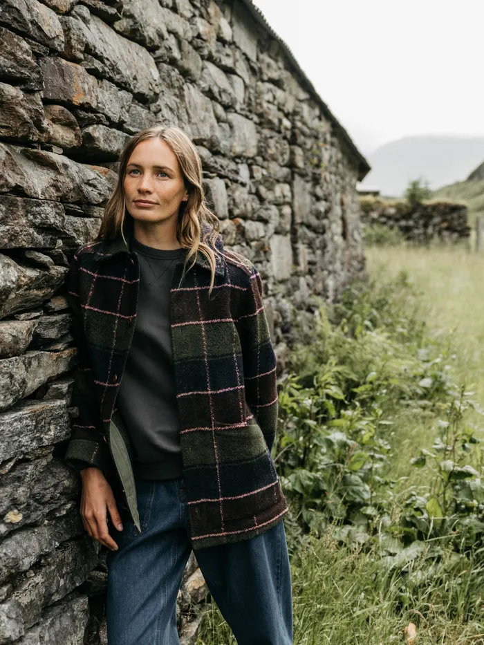 Finisterre Jackets and Coats Women Stowe Blanket Jacket Black Cherry Check