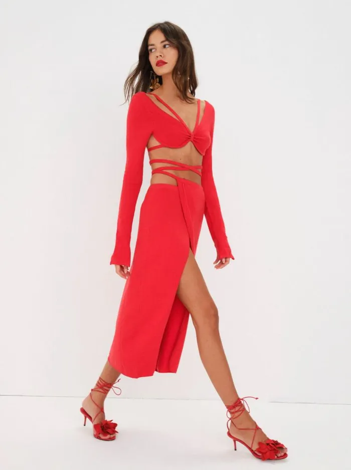 For Love and Lemons Knitwear Brady Midi Skirt Red 8211 Women