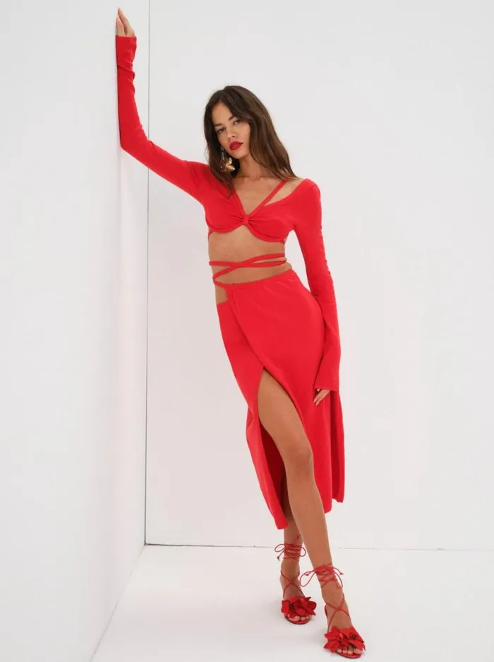 For Love and Lemons Knitwear Brady Midi Skirt Red 8211 Women For Love and Lemons Knitwear Brady Midi Skirt Red 8211 Women