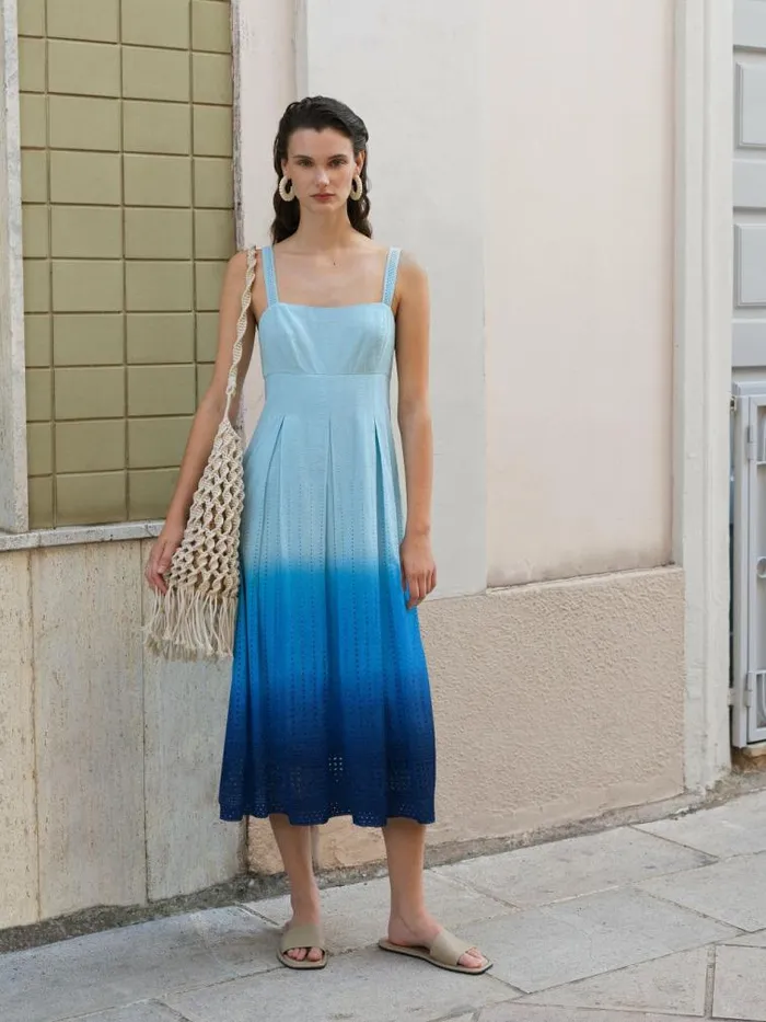 French Connection Abana Biton Broderie Dress Blue Ombre Women Dresses