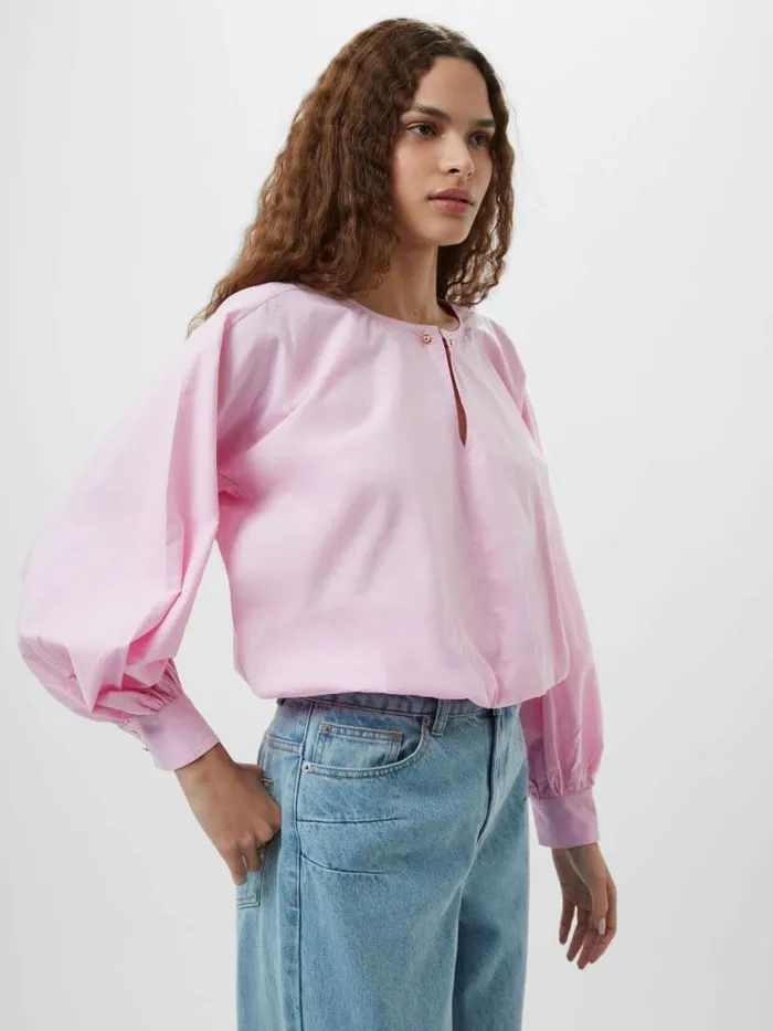 French Connection Cambria Cotton Bubble Hem Top Bubblegum Pink Women Tops