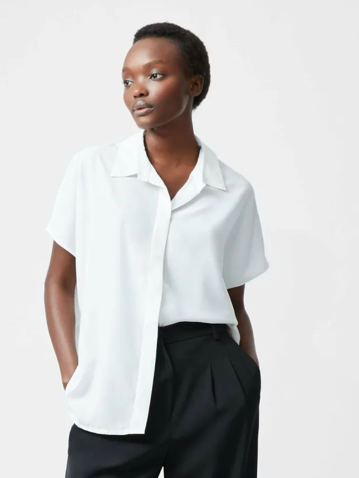 French Connection Caprina Recycled Crepe Short Sleeve Button Shirt Winter White Women Tops French Connection Caprina Recycled Crepe Short Sleeve Button Shirt Winter White Women Tops