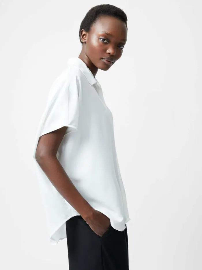 French Connection Caprina Recycled Crepe Short Sleeve Button Shirt Winter White Women Tops
