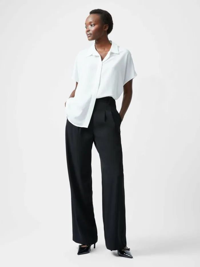 French Connection Caprina Recycled Crepe Short Sleeve Button Shirt Winter White Women Tops