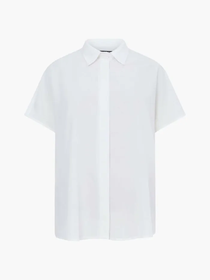French Connection Caprina Recycled Crepe Short Sleeve Button Shirt Winter White Women Tops