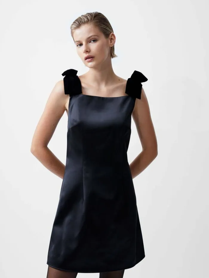 French Connection Carey Velvet Bow Straps Satin Mini Dress Blackout Women Dresses French Connection Carey Velvet Bow Straps Satin Mini Dress Blackout Women Dresses