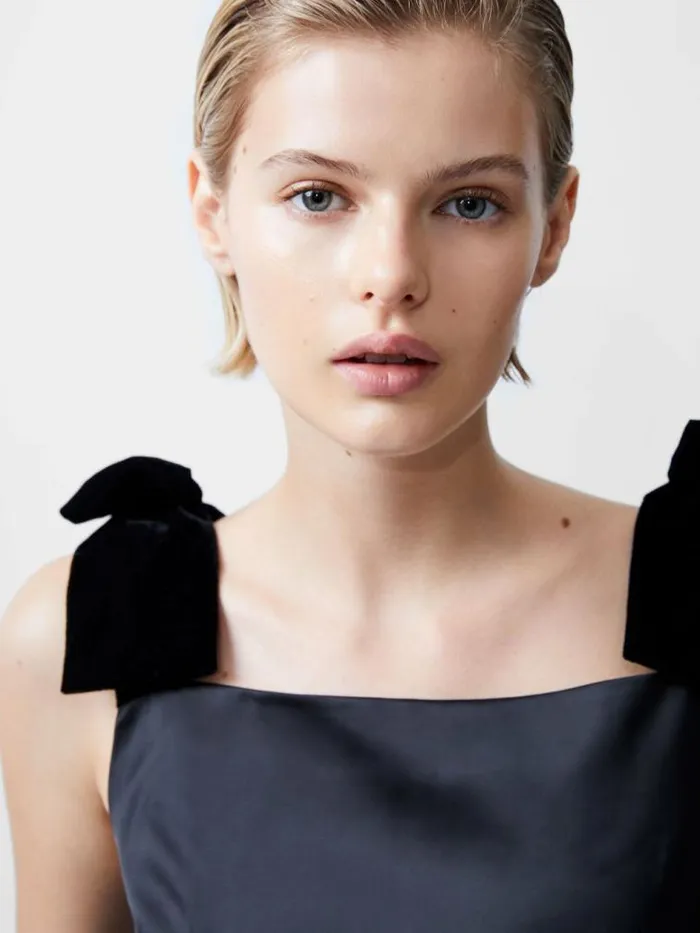 French Connection Carey Velvet Bow Straps Satin Mini Dress Blackout Women Dresses