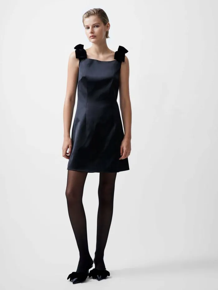 French Connection Carey Velvet Bow Straps Satin Mini Dress Blackout Women Dresses
