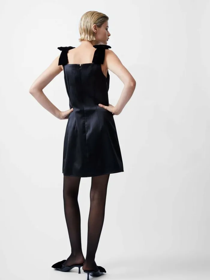 French Connection Carey Velvet Bow Straps Satin Mini Dress Blackout Women Dresses
